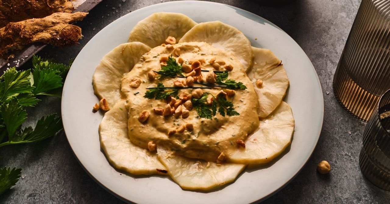 Root vegetable carpaccio with crispy cream