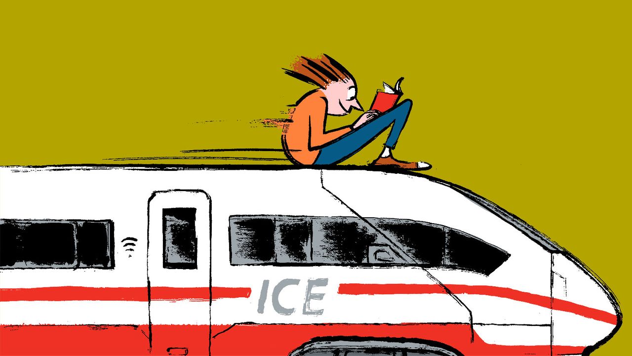 Girl reading a book on top of an ice train